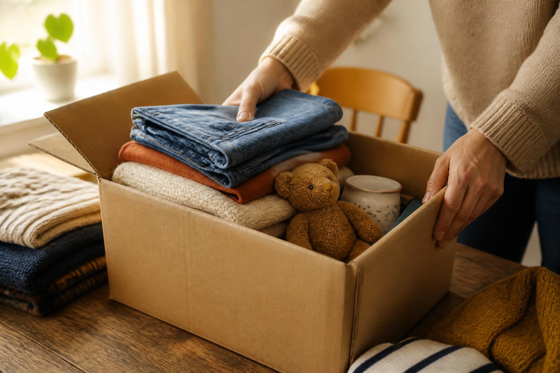A donor packing a box of goods to ship to someone in need